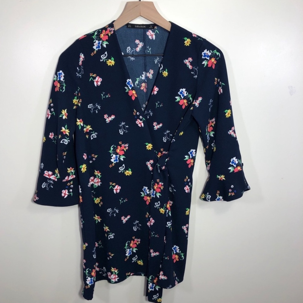 Zara Basic Navy Floral Wrap Mini Dress